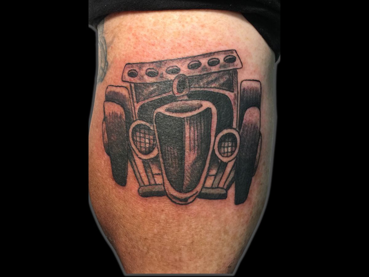 Hot rod traditional color tattoo by Byron at Earth's Edge Tattoo & Piercing in Winston-Salem, NC