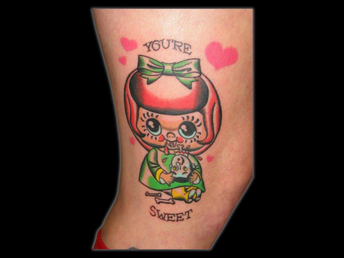 You’re Sweet retro cartoon‑style tattoo by Greg at Earth’s Edge Tattoo & Piercing, Winston‑Salem NC.