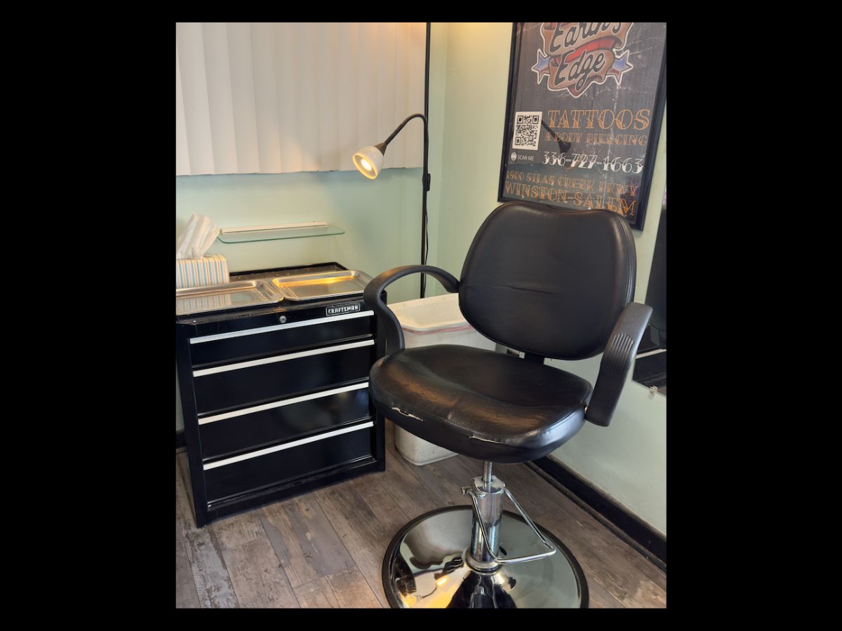 Piercing station and setup in Josh’s room at Earth’s Edge Tattoo & Piercing in Winston-Salem, NC