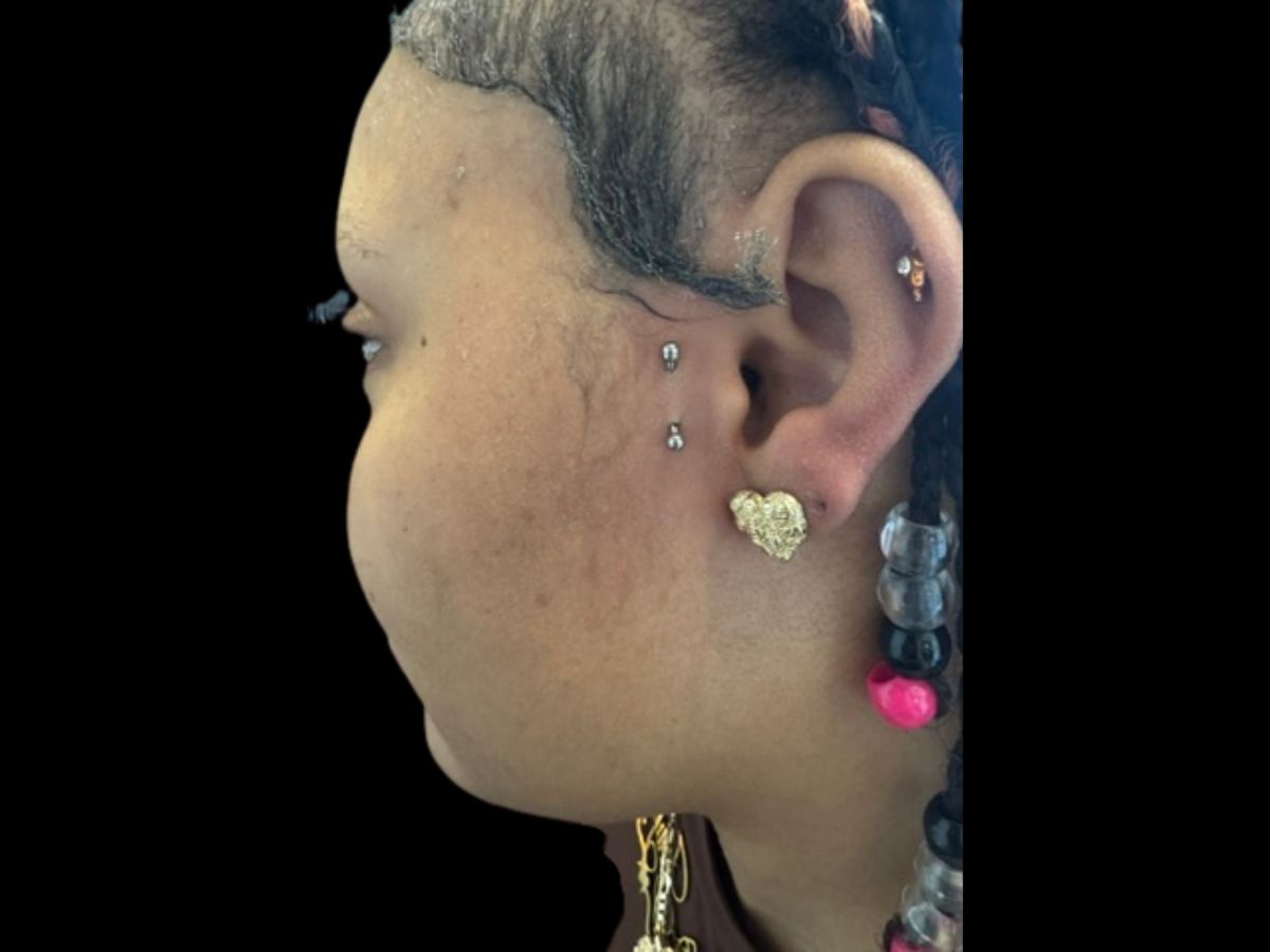 Surface tragus piercing with paired jewelry done by Josh at Earth’s Edge Tattoo & Piercing in Winston-Salem, NC