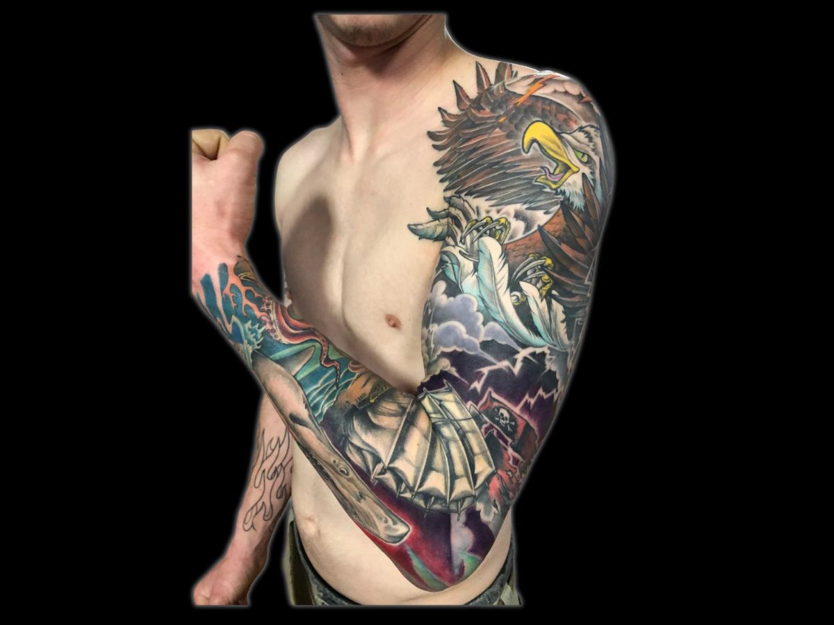 Eagle and ship sleeve tattoo by Nico