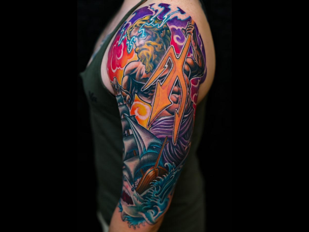 Thunderstorm color sleeve tattoo by Nico